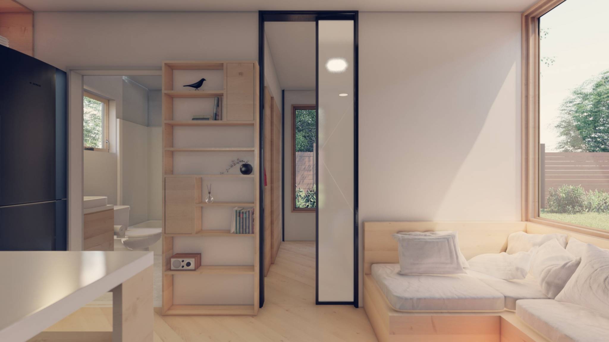 shipping container tiny home interior